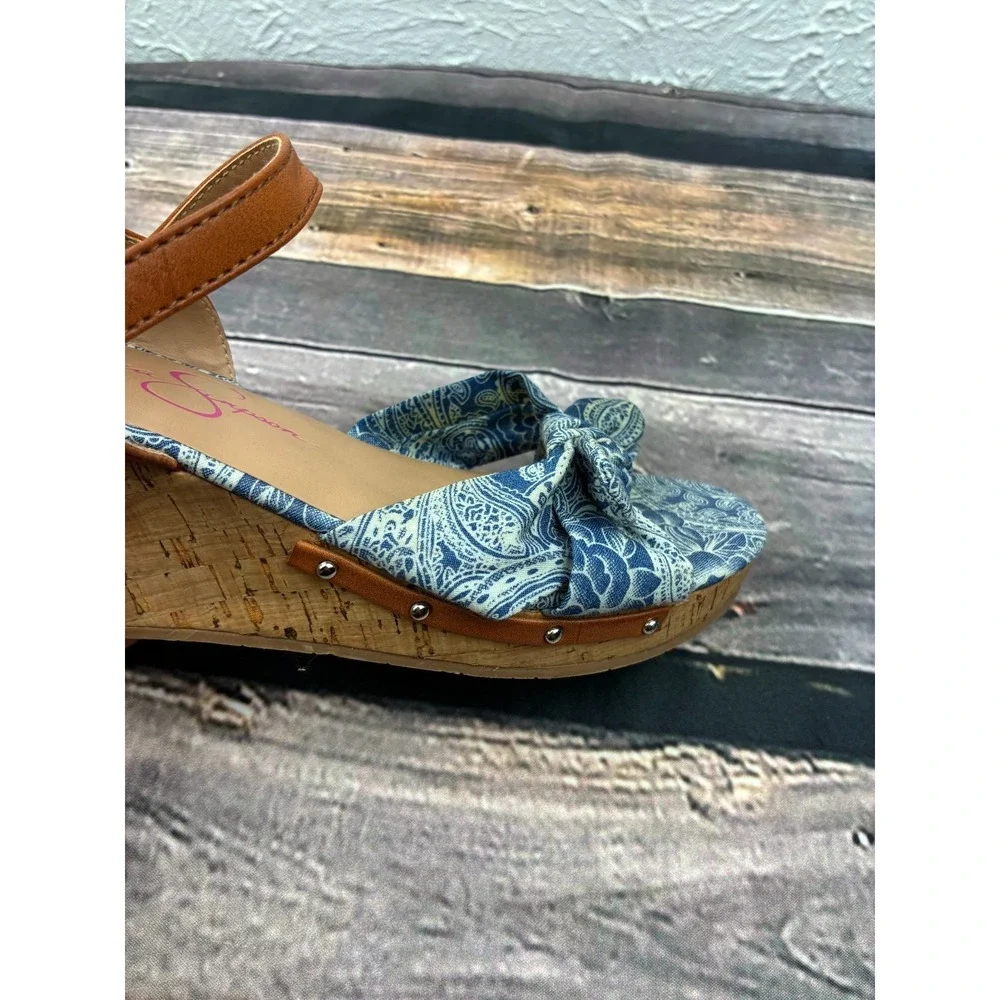 Jessica Simpson Fabiana Wedge Sandals Womens 4M Blue Paisley Bow Cork Platform